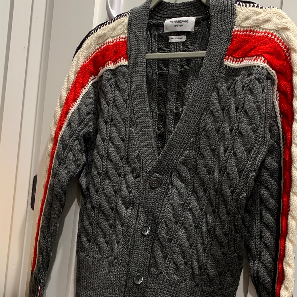 Thom Browne Charcoal Cardigan with Red and White Stripes
